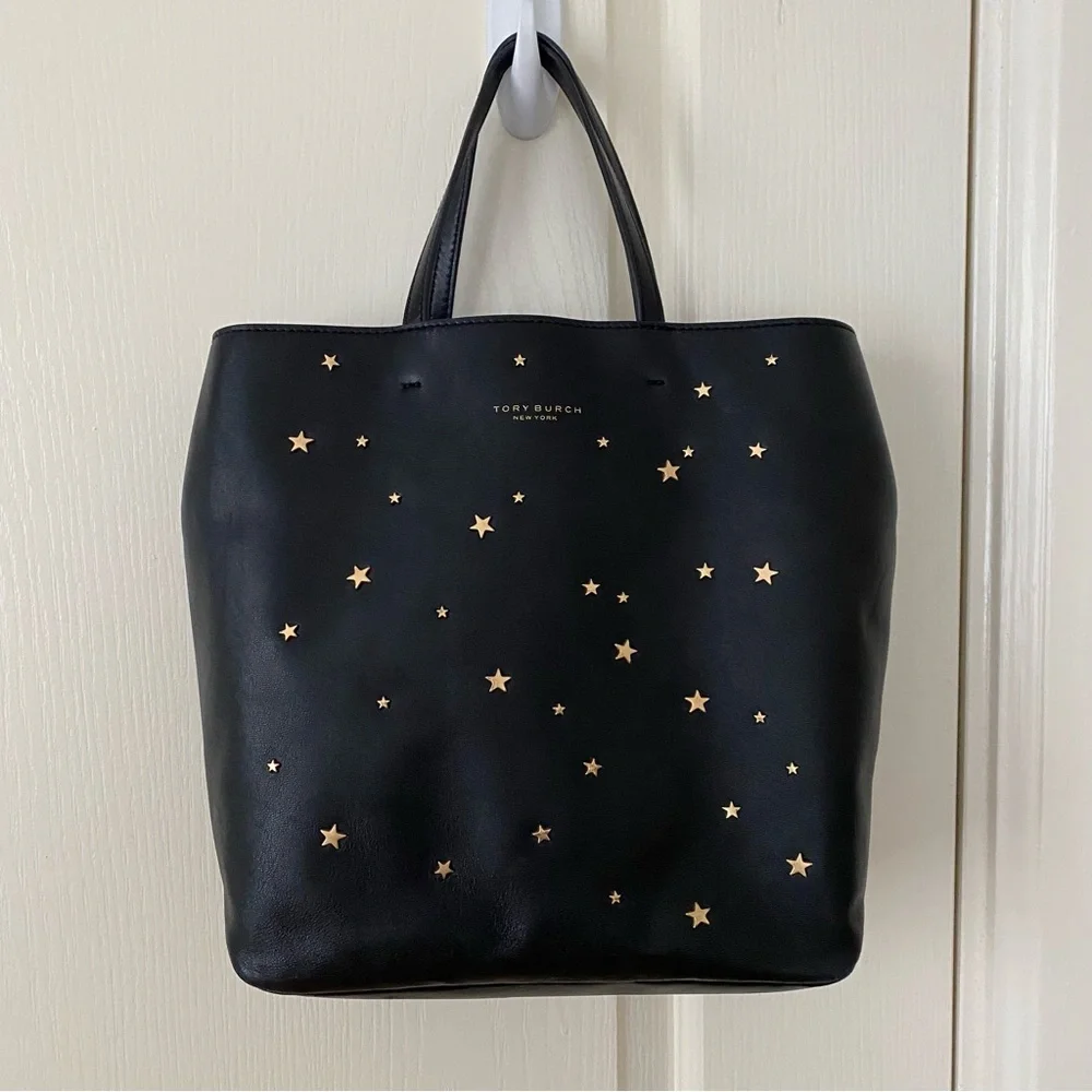 $398 Tory Burch Fleming Black Lambskin Leather Gold Star Studs Satchel Tote Bag - Picture 3 of 14
